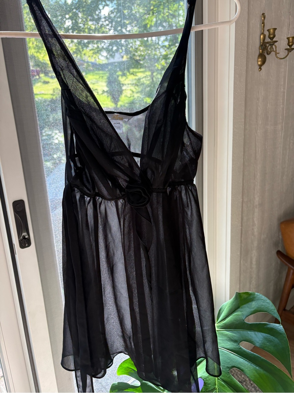 Women's Sheer Black Chemise with Rosette Waist